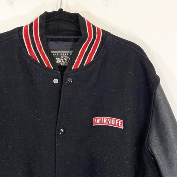 Vintage Smirnoff Vodka Leather Sleeve Varsity Letterman Bomber Jacket Red Large - Picture 3 of 8